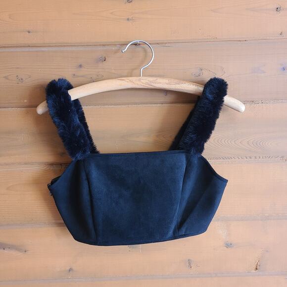 Choosy Black Faux Fur Suede Crop Tank Top Size 2 Y2K 90s Club Rave Fuzzy Zip - Picture 1 of 3